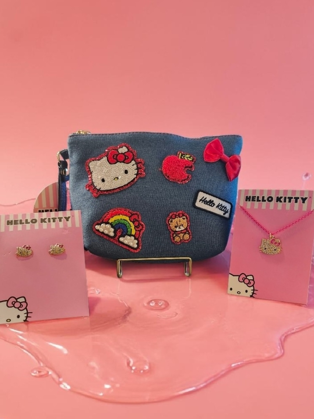 Hello Kitty Denim Accessory Pouch And Jewelry Set